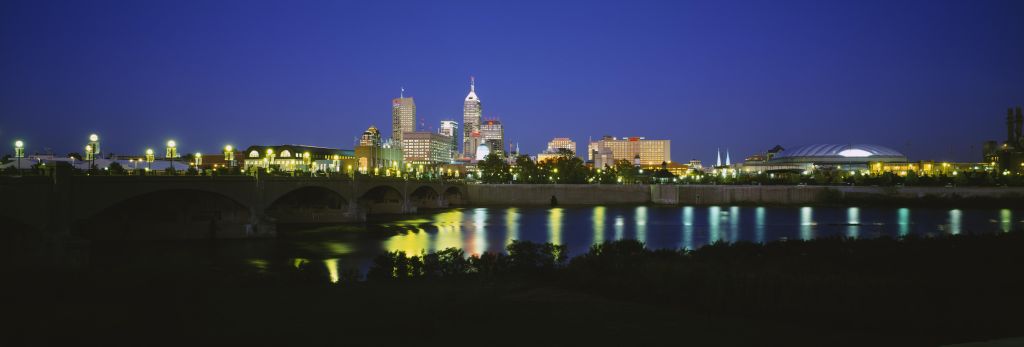 Buildings lit up at dusk, Indianapolis, Indiana, USA