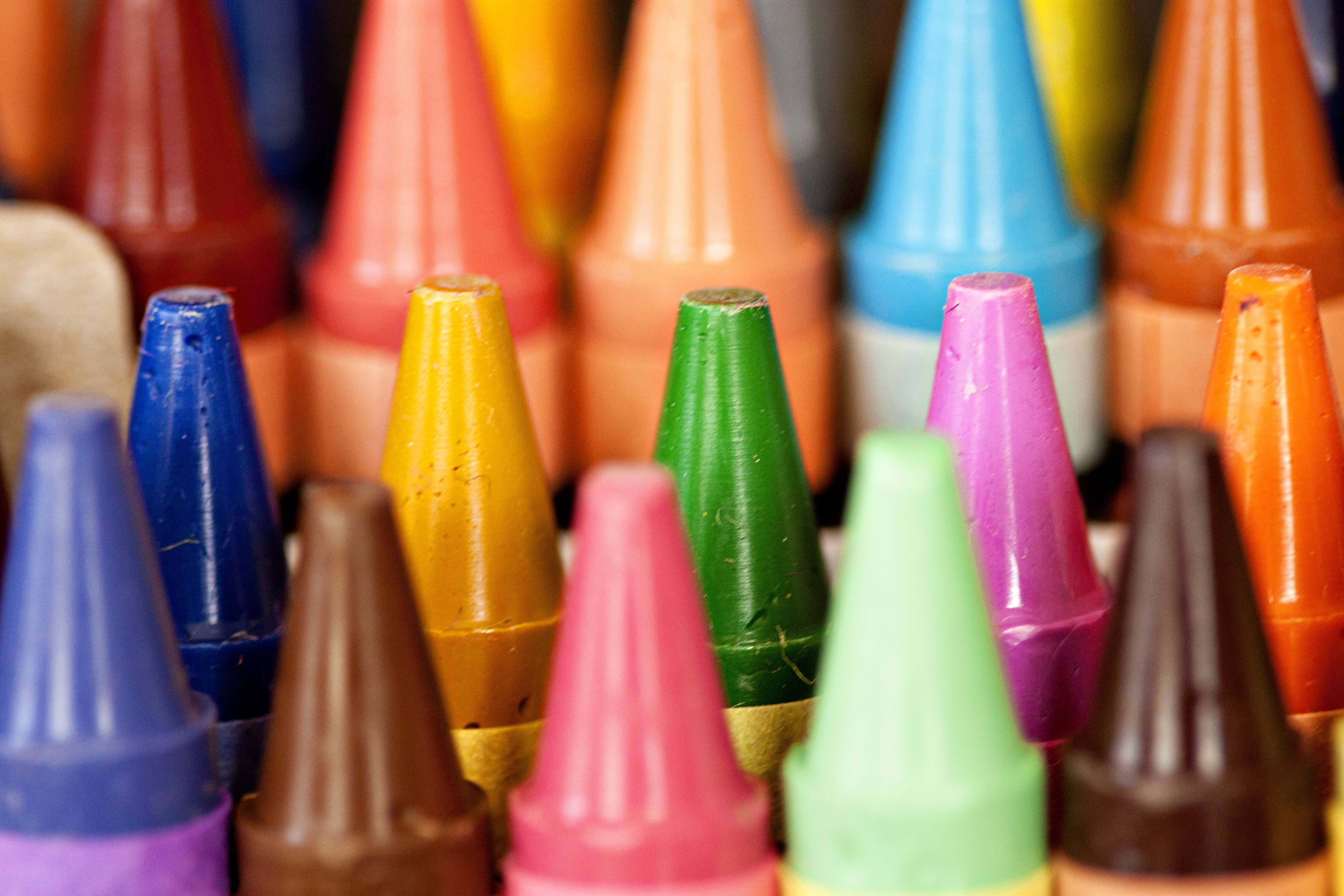 Macro close up of colorful wax crayons