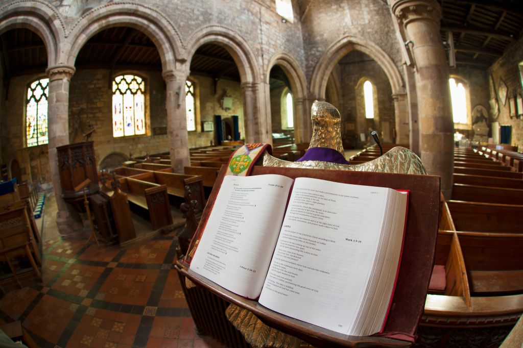 An open book of verses in a church; staindrop durham england