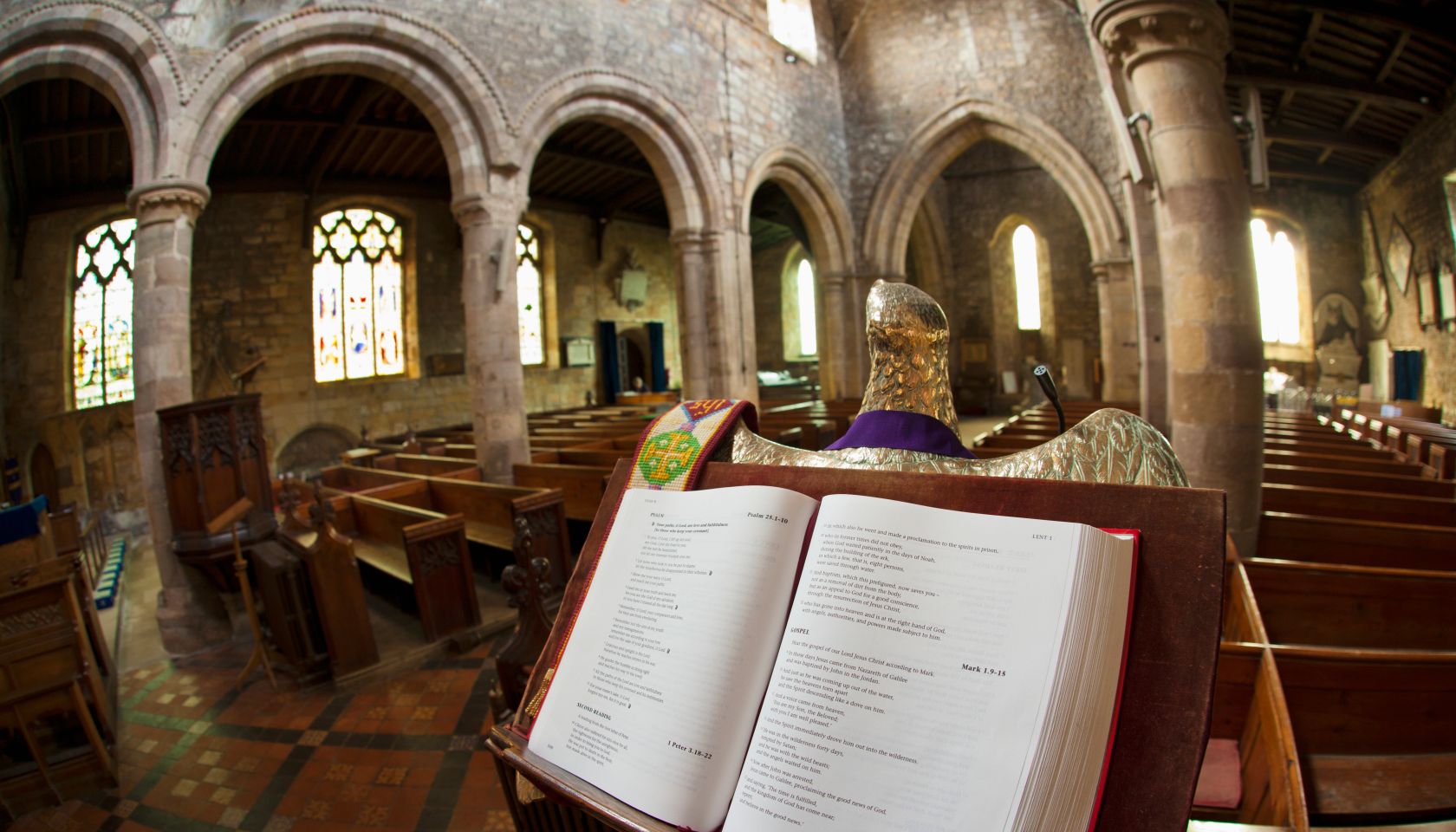 An open book of verses in a church; staindrop durham england