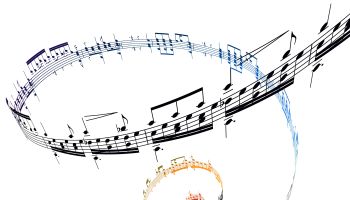 Swirling musical notes against a white background