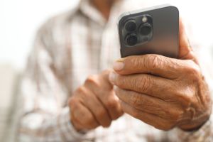 old man playing on the phone