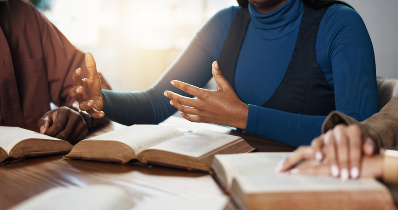 Hands, explain and woman with group for Bible study, worship or learning gospel for religion. Faith, Christianity and knowledge of God, scripture or theology talk for guidance with spiritual growth