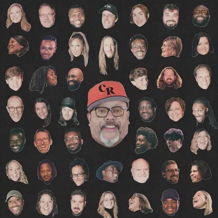 Collage of 40 diverse headshot portraits against a black background, with a red baseball cap in the center featuring the letters "CR".