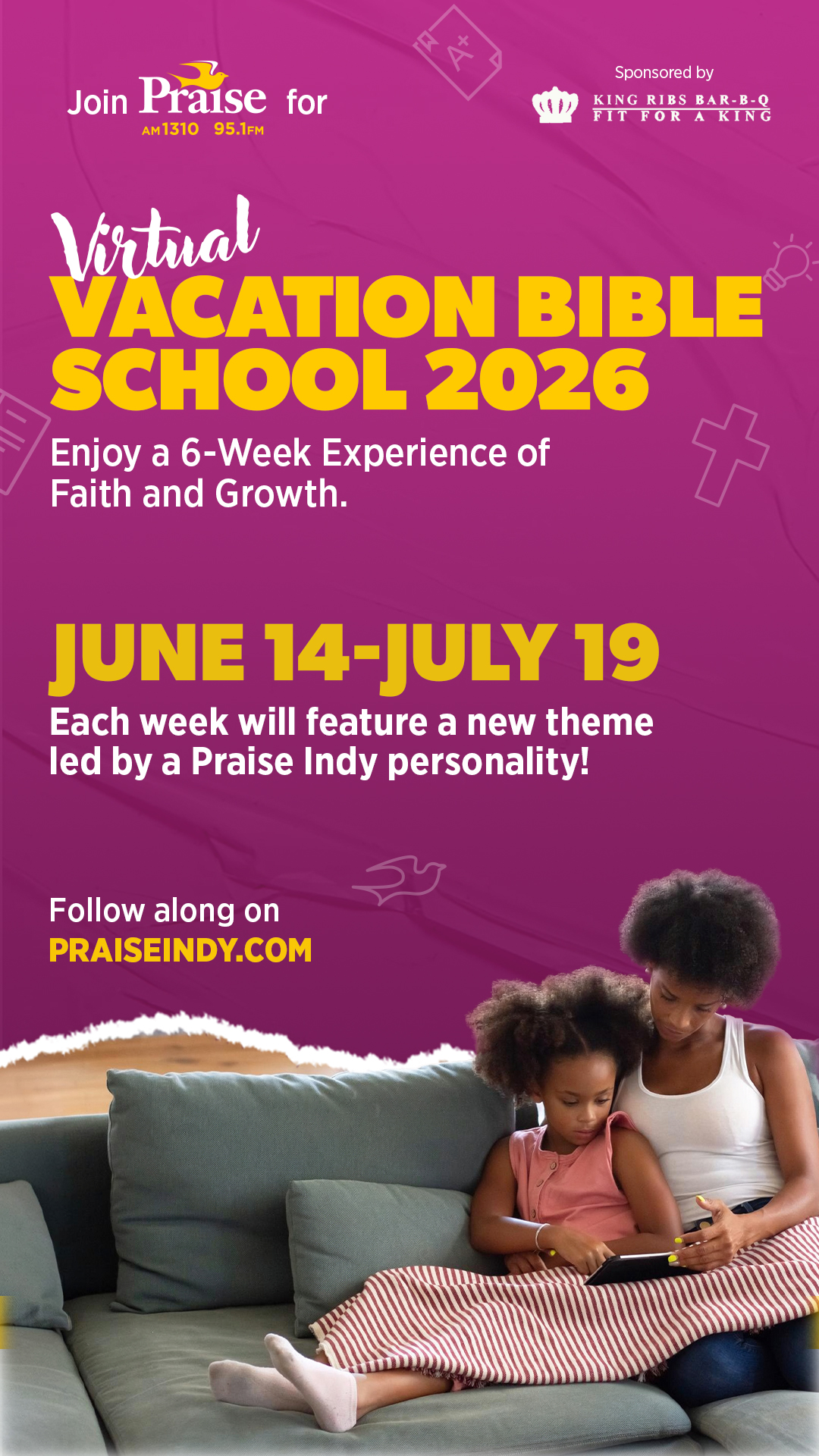 A mother and daughter sitting on a couch, reading or using a digital device together. The image promotes a virtual vacation bible school event from June 14 to July 19, 2026.