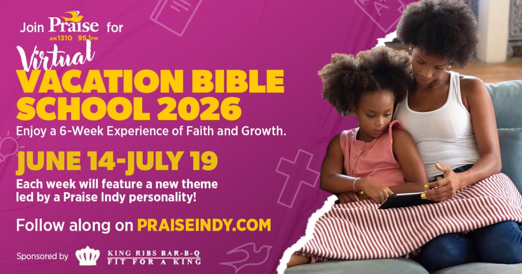A woman and young girl sitting on a couch, looking at a mobile device. Text on the image reads "Join Praise for Virtual Vacation Bible School 2026" and "June 14-July 19".