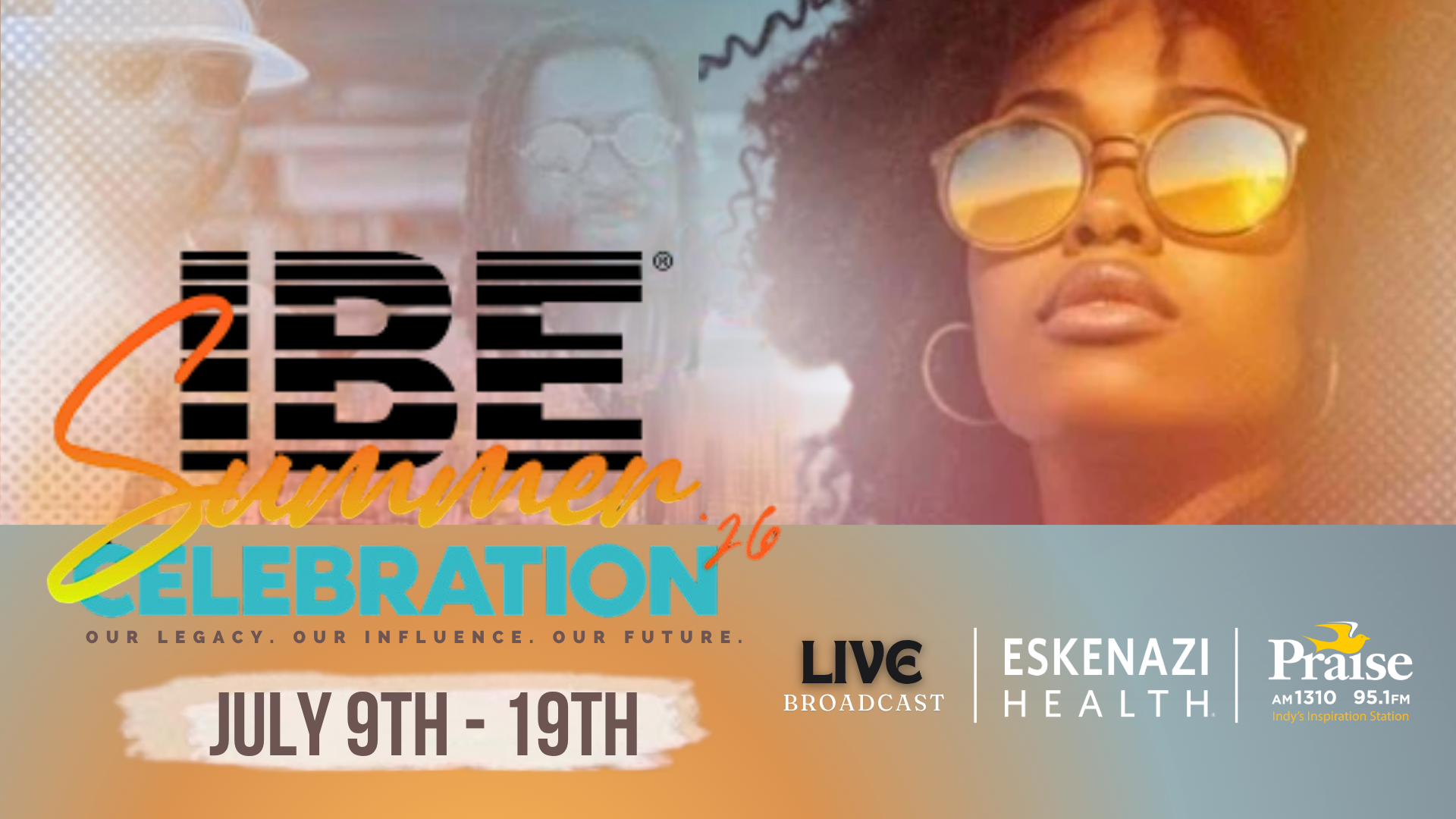 A colorful graphic promoting the 2023 Juneteenth Celebration event, featuring a close-up portrait of a woman wearing sunglasses and a text overlay with event details.