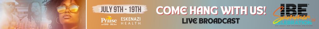 Colorful promotional banner for a live broadcast event on July 9-19, featuring the Eskenazi Health logo and text "Come hang with us!