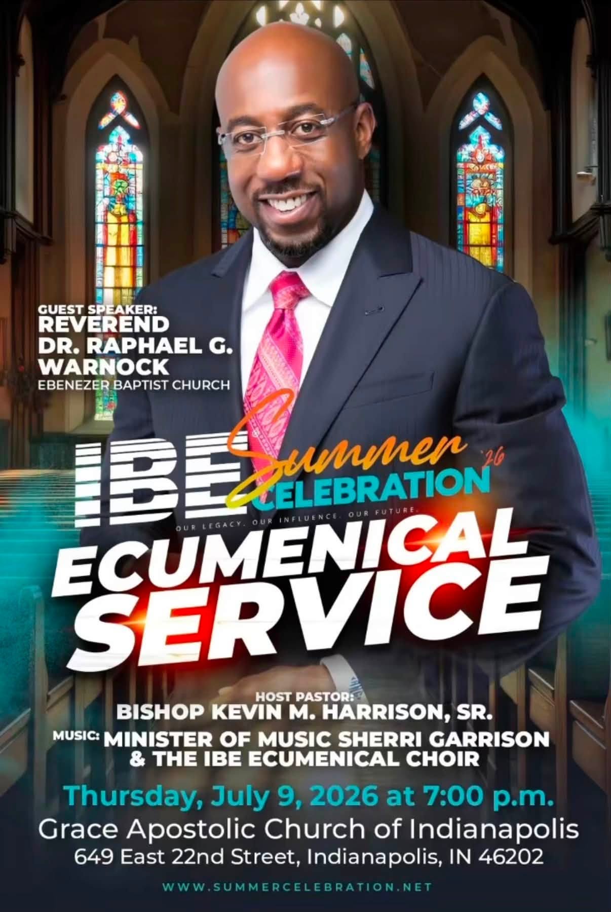A smiling African American man in a suit standing in a church with stained glass windows. The text identifies him as Reverend Dr. Raphael G. Warnock, the guest speaker for an Ecumenical Service event.