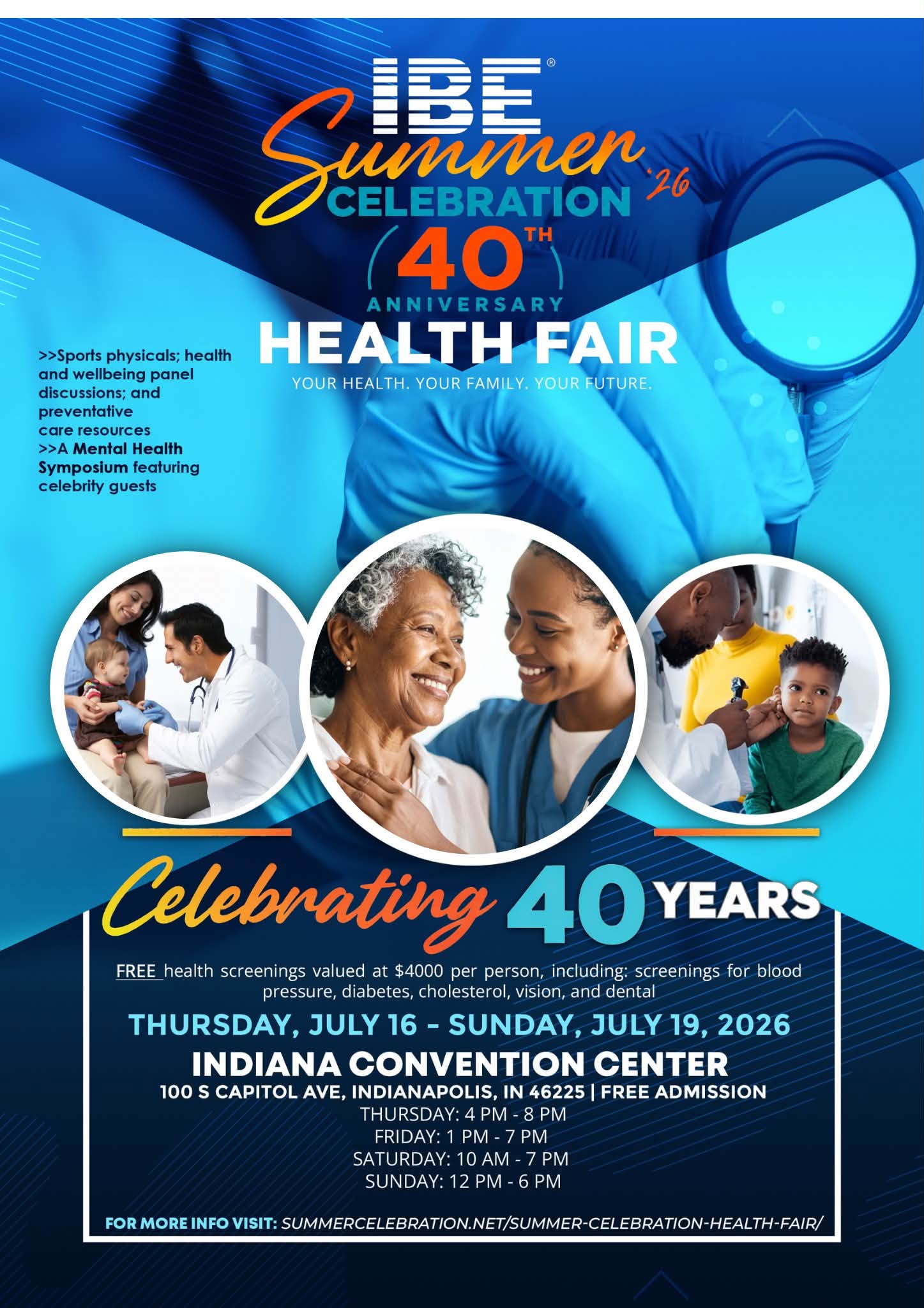 IBE Summer Celebration 40th anniversary health fair event poster with images of diverse people and text details about the event.