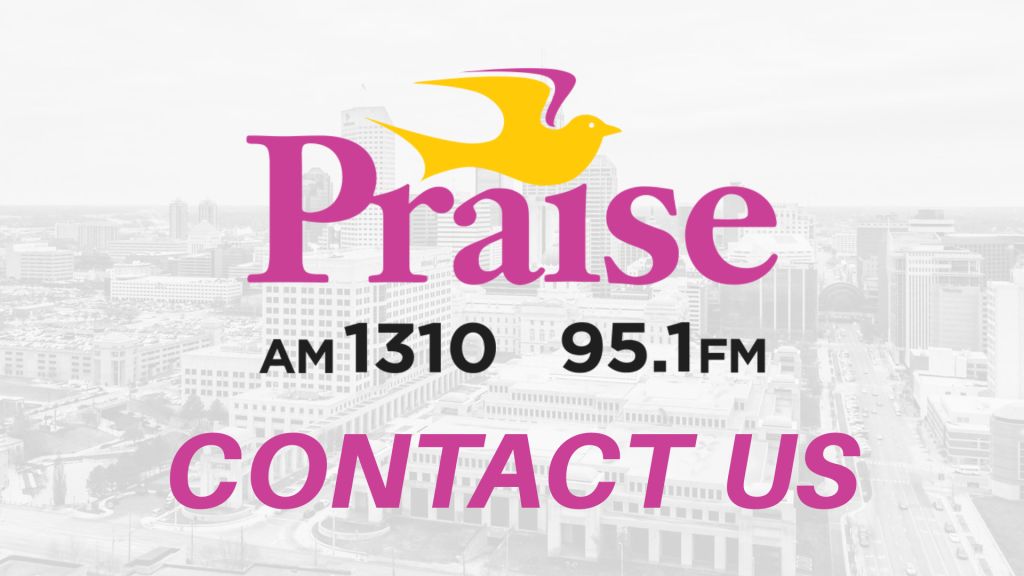 Praise AM 1310 95.1FM radio station logo with a yellow bird icon and text "CONTACT US" against a cityscape background.