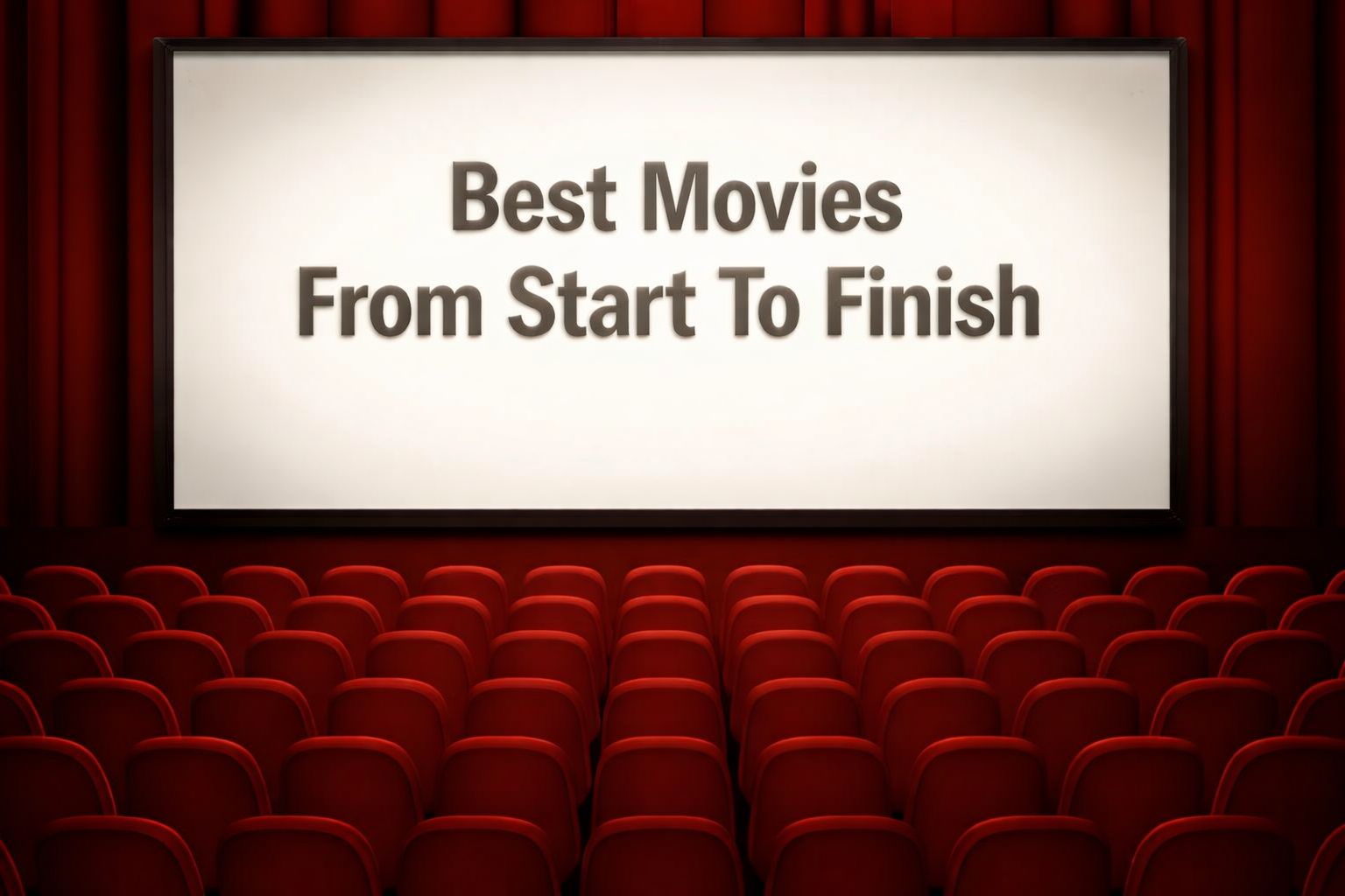 A movie theater auditorium with rows of red seats facing a large screen displaying the text "Best Movies From Start To Finish".