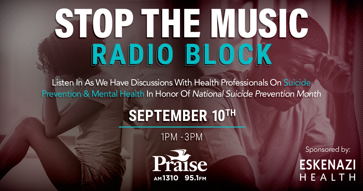 Stop the music radio block. Text promoting a radio event on suicide prevention and mental health on September 10th, sponsored by Eskenazi Health.